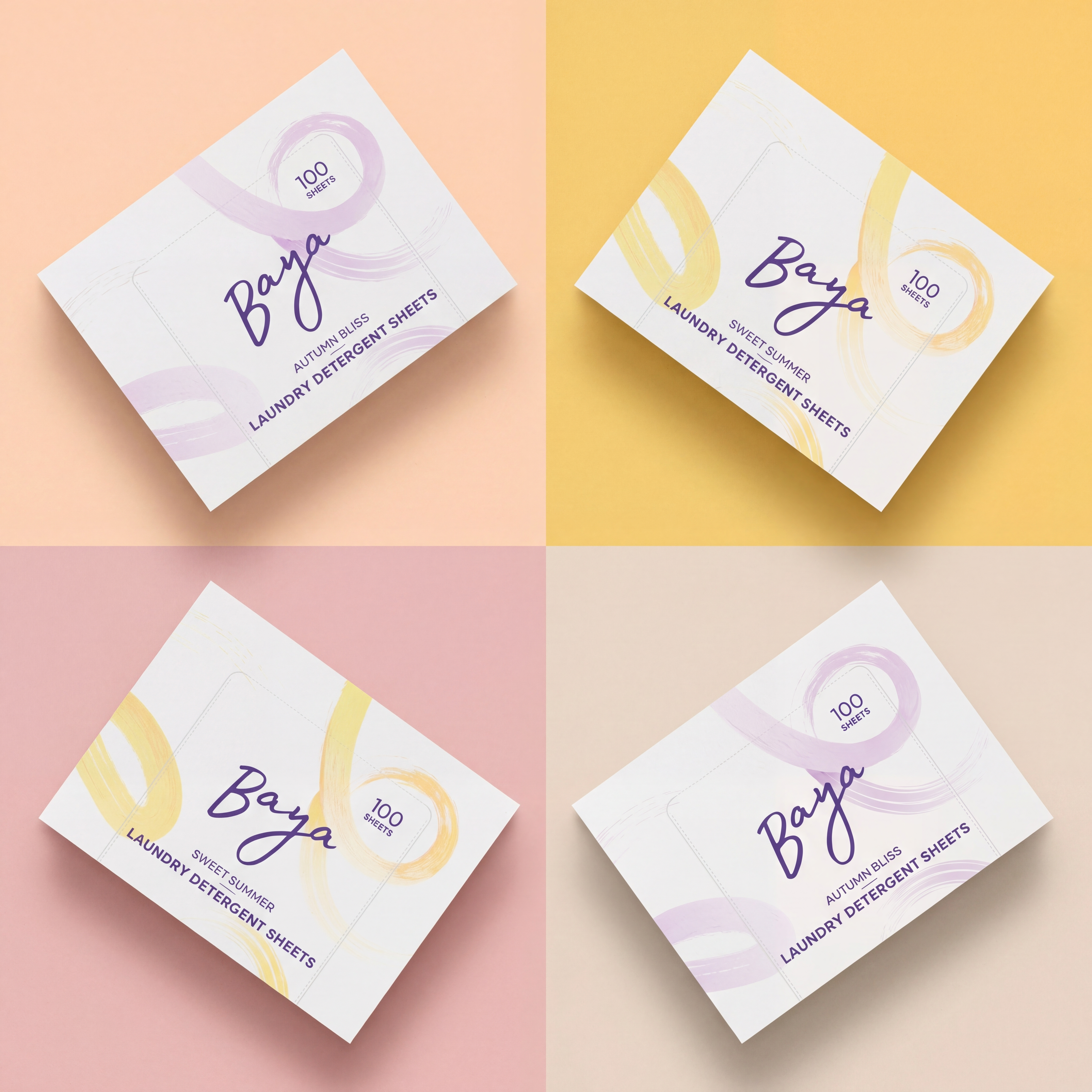 Four colorful boxes with abstract designs on a pastel background.